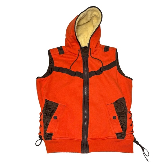 Sean John Hooded Sherpa Lined Vest Orange Brown Men’s L Streetwear Fleece Zip - Picture 8 of 9